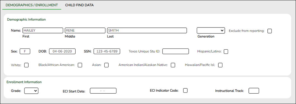 Sample image of the SPPI-12 Demographic/Enrollment tab