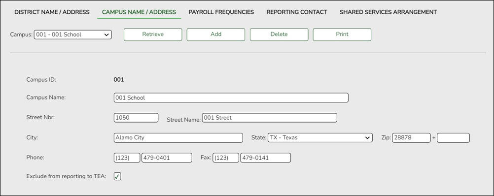 District Admin Tables Campus Name Address screen