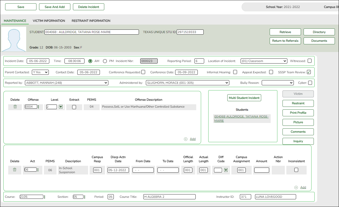 Discipline Maintenance page with StudentDisciplineIncidentAssociationExtension elements highlighted