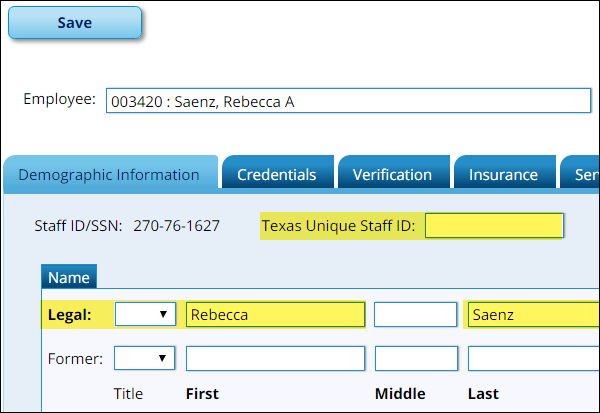 snippet of Demographic Information tab with ECDS elements highlighted