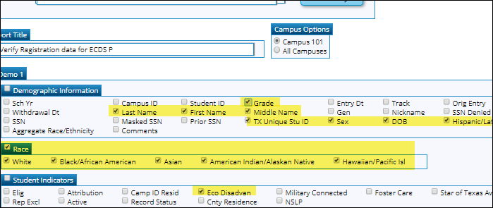 snippet of Create Registration Report with ECDS elements highlighted snippet of Create Registration Report with ECDS elements highlighted