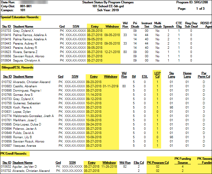 SRG1200 report with various program parameters set to Y SRG1200 report with various program parameters set to Y