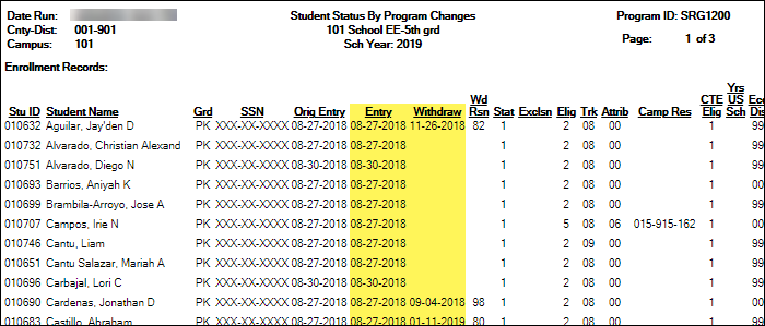SRG1200 report with Print Enroll Records parameter set to Y SRG1200 report with Print Enroll Records parameter set to Y