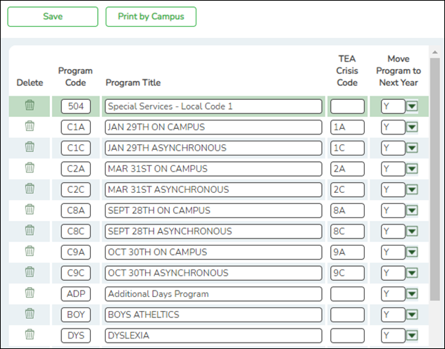 Generic Entry/Withdrawal Program Codes