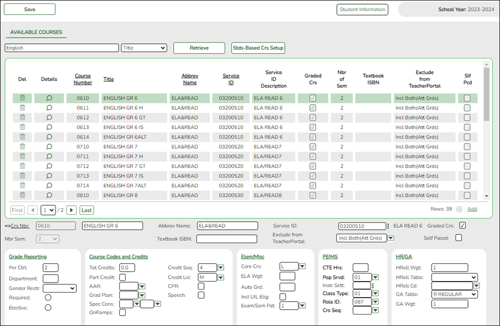 Available Courses screen on Grade Reporting Master Schedule District Schedule