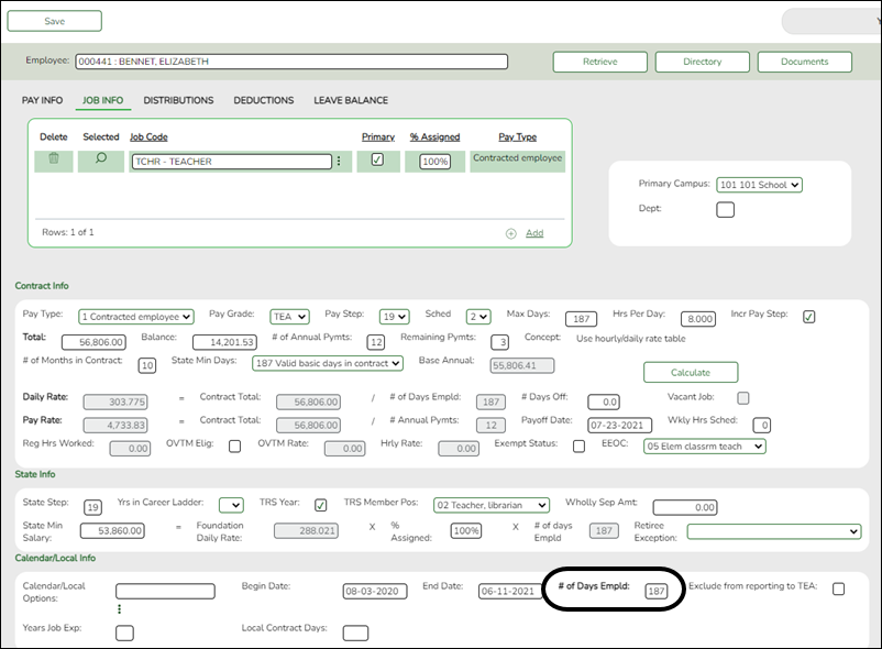 Job Info tab with PEIMS fields highlighted