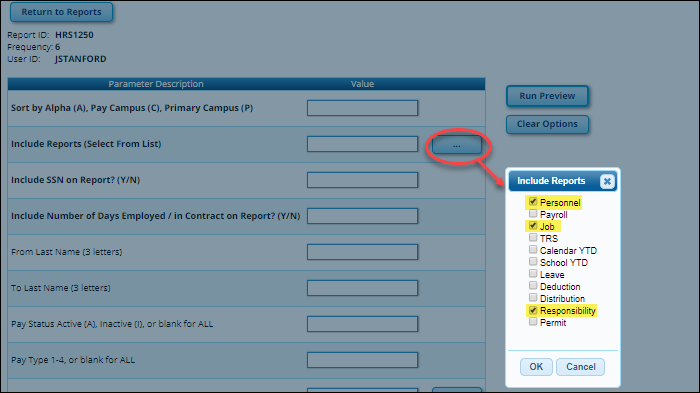 snippet HRS1250 parameters page showing reports lookup