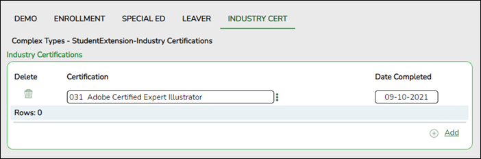 Fall Student Maintenance Industry Cert tab