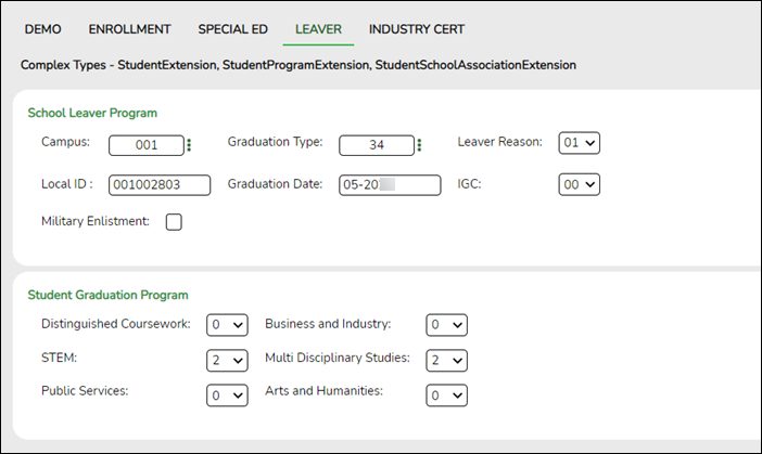 Fall Student Maintenance Leaver tab