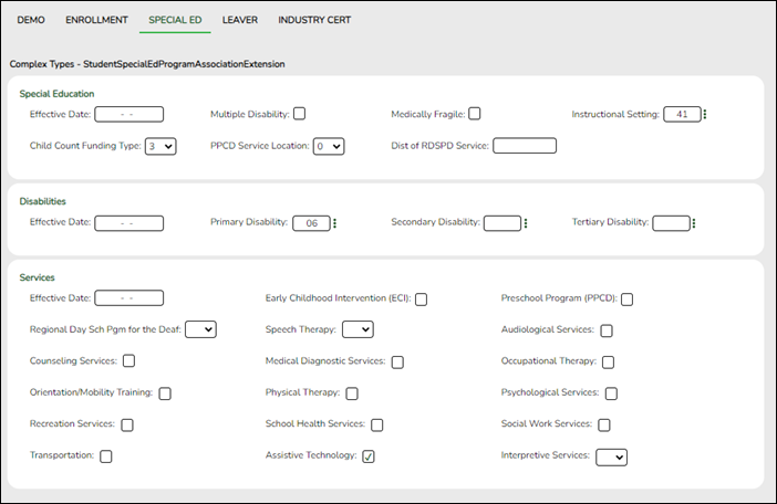 Fall Student Maintenance Special Ed tab