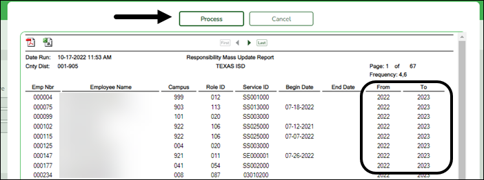 Responsibility Mass Update Report with From and To columns hightlighted.