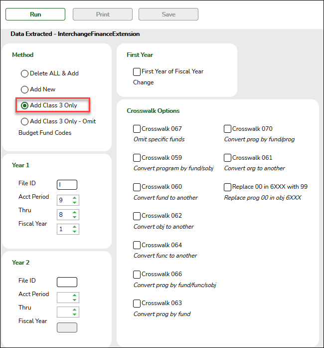 Setting parameters for Class 3 extract