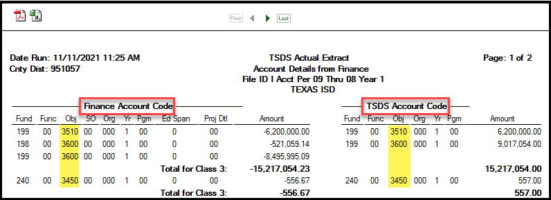 Setting parameters for Class 3 extract report