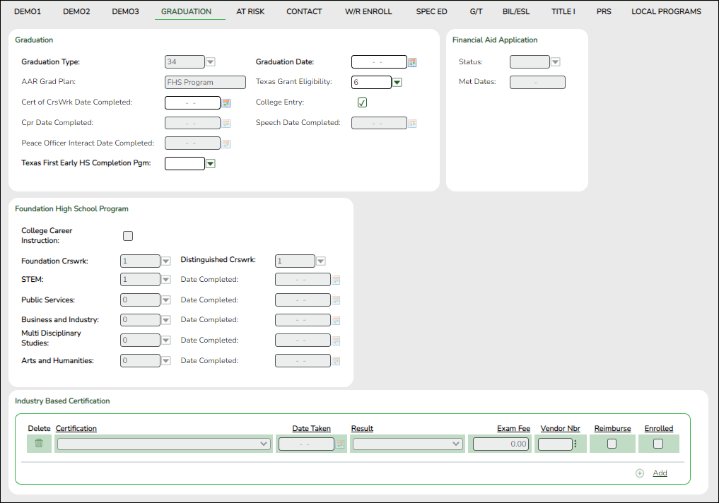 Registration Graduation tab