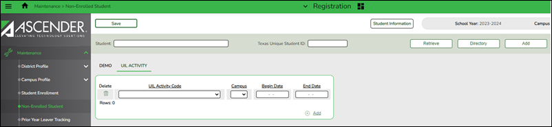 Registration Maintenance Non-Enrolled UIL tab