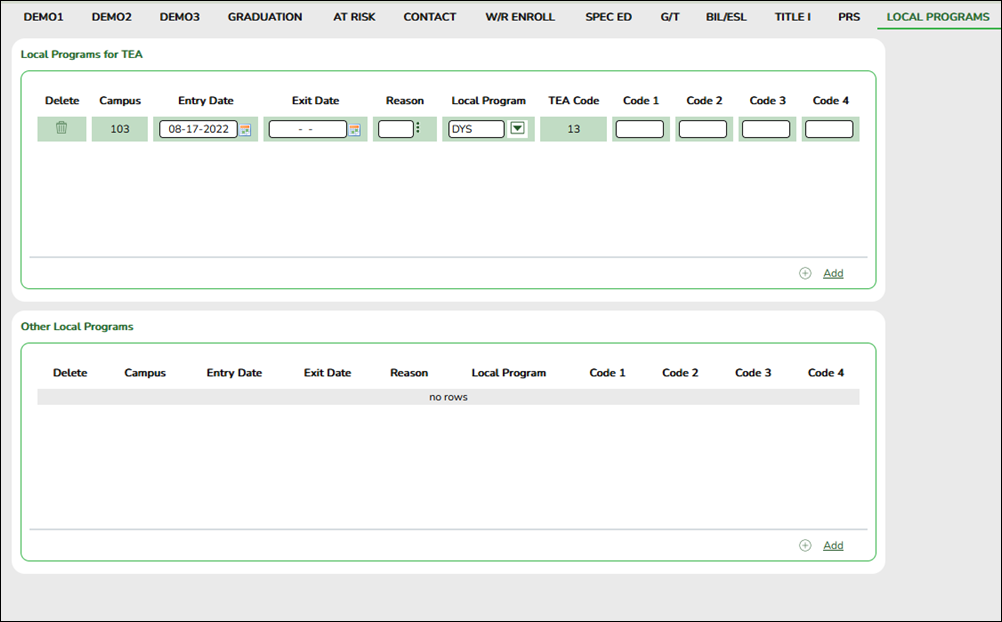 Registration Local Programs tab