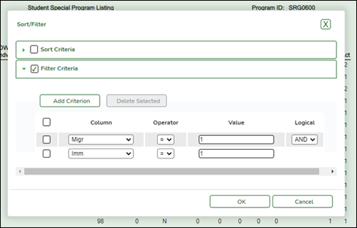 SRG0600 report showing Sort and Filter option.