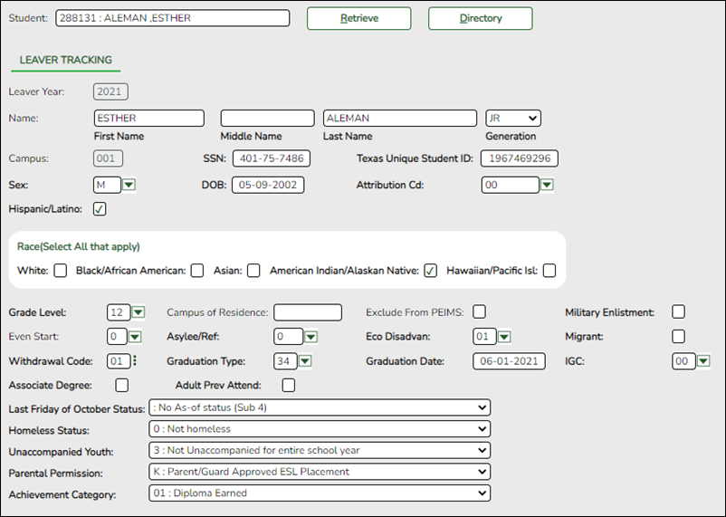 Registration Leaver Tracking page