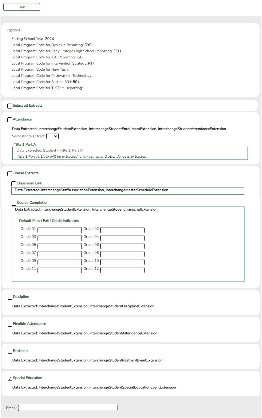 State Reporting Summer Extract options