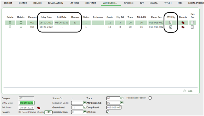 Registration W/R Enroll tab with CTE Elig column highlighted