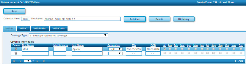 ACA 1095B Year To Date Tab