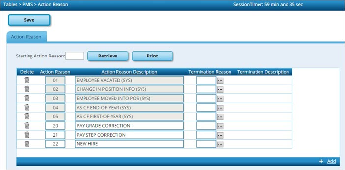 District Administration PMIS Action Reason Page