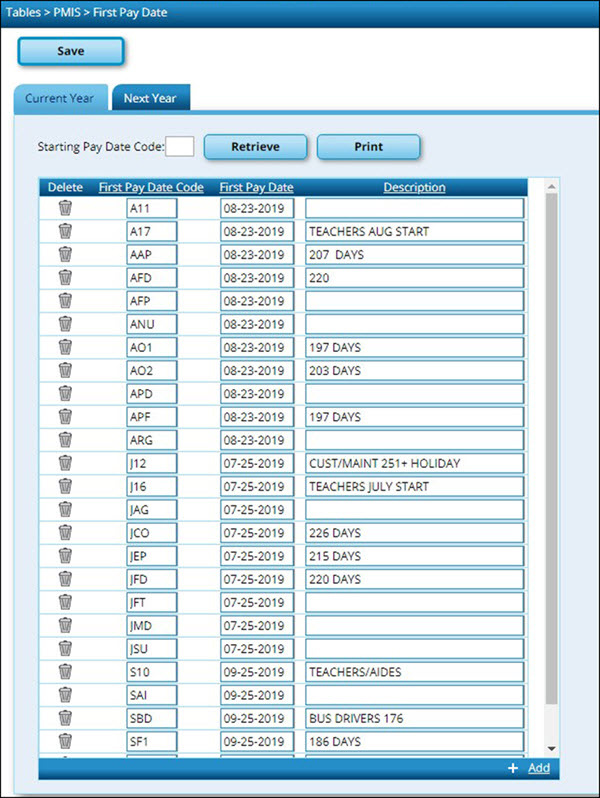District Administration PMIS First Pay Date Current Year Tab