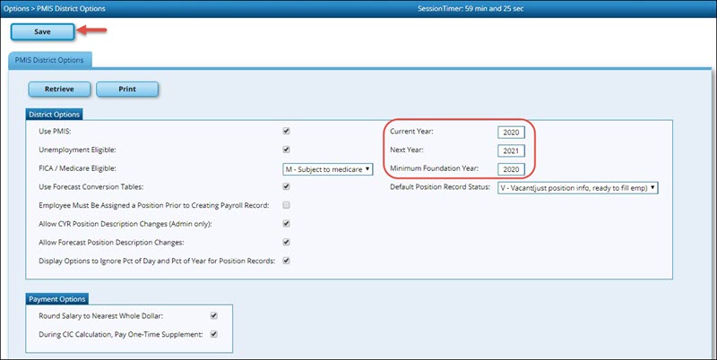District Options PMIS Options Page