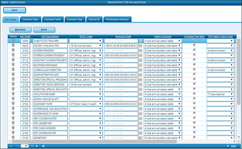 Job Code Table