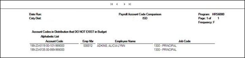 HRS6000 Payroll Account Code Comparison Report