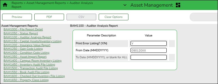 BAM1100 Auditor Analysis Parameter Page