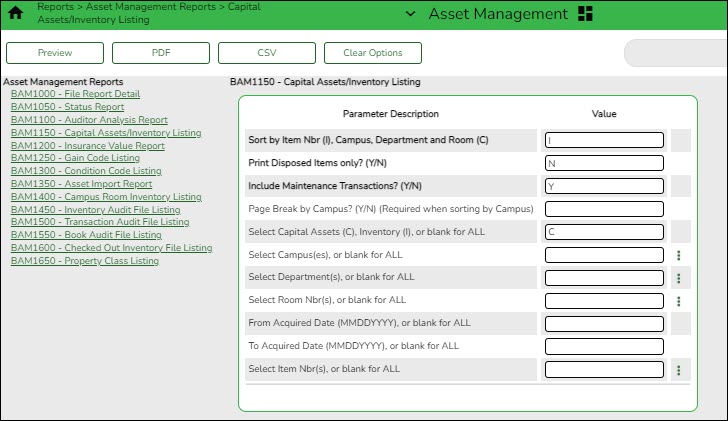 BAM1150 Capital Assets/Inventory Listing Parameter Page