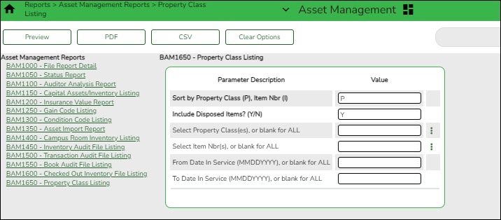 BAM1650 Property Class Listing Parameter Page