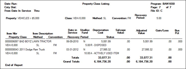 BAM1650 Property Class Listing Report