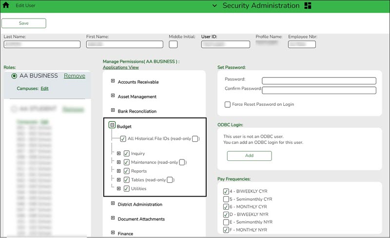 Security Administration Create Edit User Page