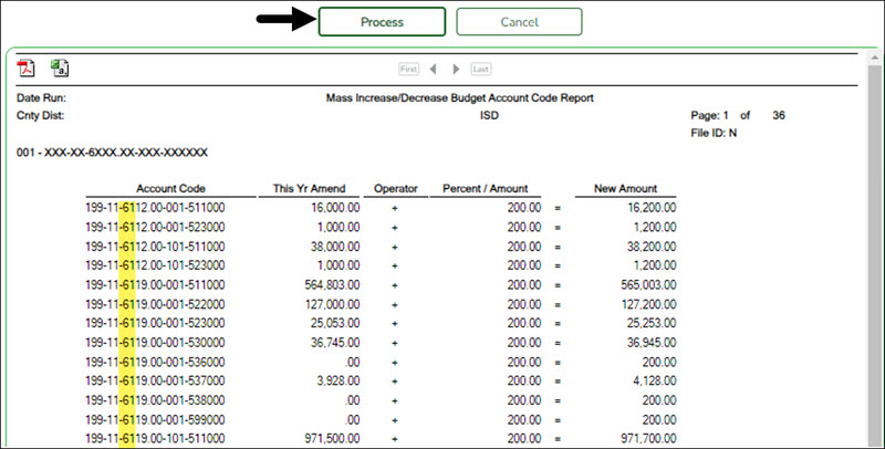 Mass Increase Decrease Account Code Report