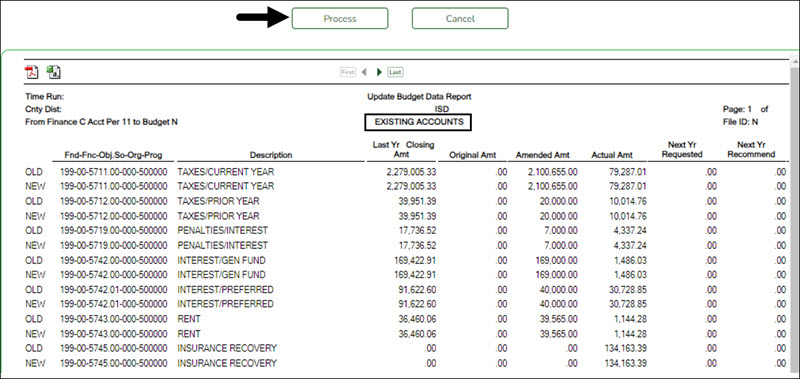 Update Budget Data Report Existing Accounts