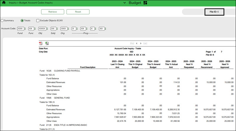 Budget Account Codes Inquiry Page