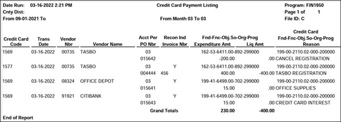 FIN1950 - Credit Card Payment Listing