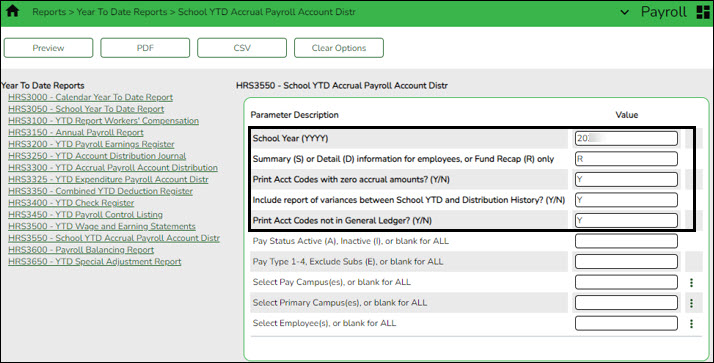 School YTD Accrual Payroll Account Distr Report Parameters