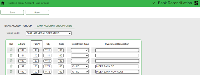 Bank Account Group Funds Tab