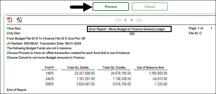 Move Budget to Finance GL Error Report