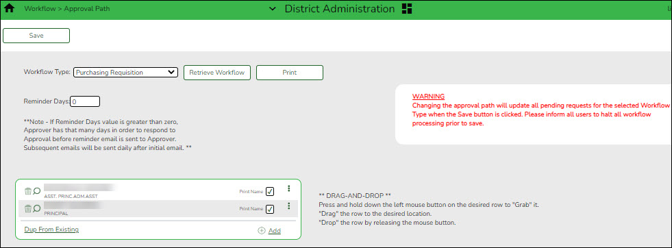 District Administration Workflow Approval Path
