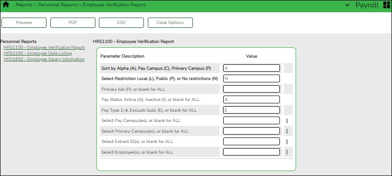HRS1100 Employee Verification Report Parameter Page