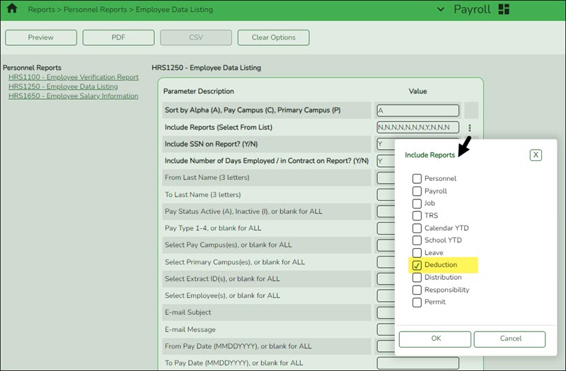 HRS1250 - Employee Data Listing Parameter Page