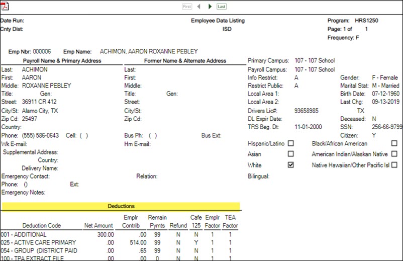HRS1250 - Employee Data Listing Report