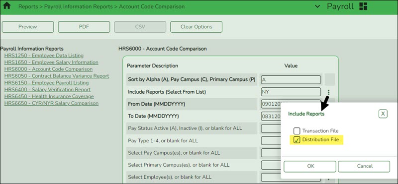 HRS6000 Account Code Comparison Report Parameter Page