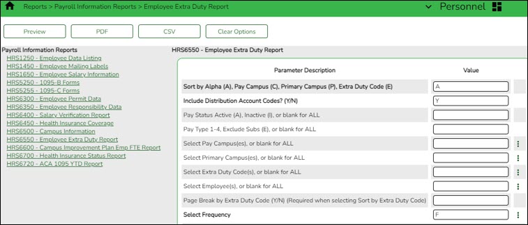 HRS6550 Employee Extra Duty Report Parameter Page