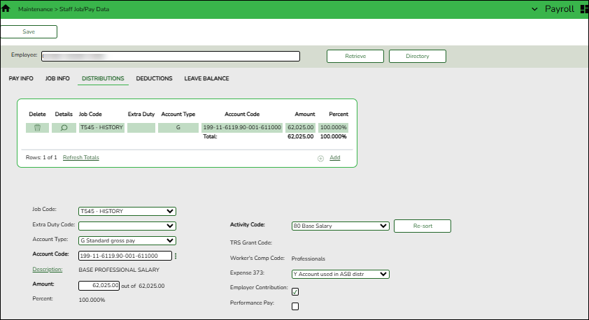 Distributions Tab Pay Type 1 Example