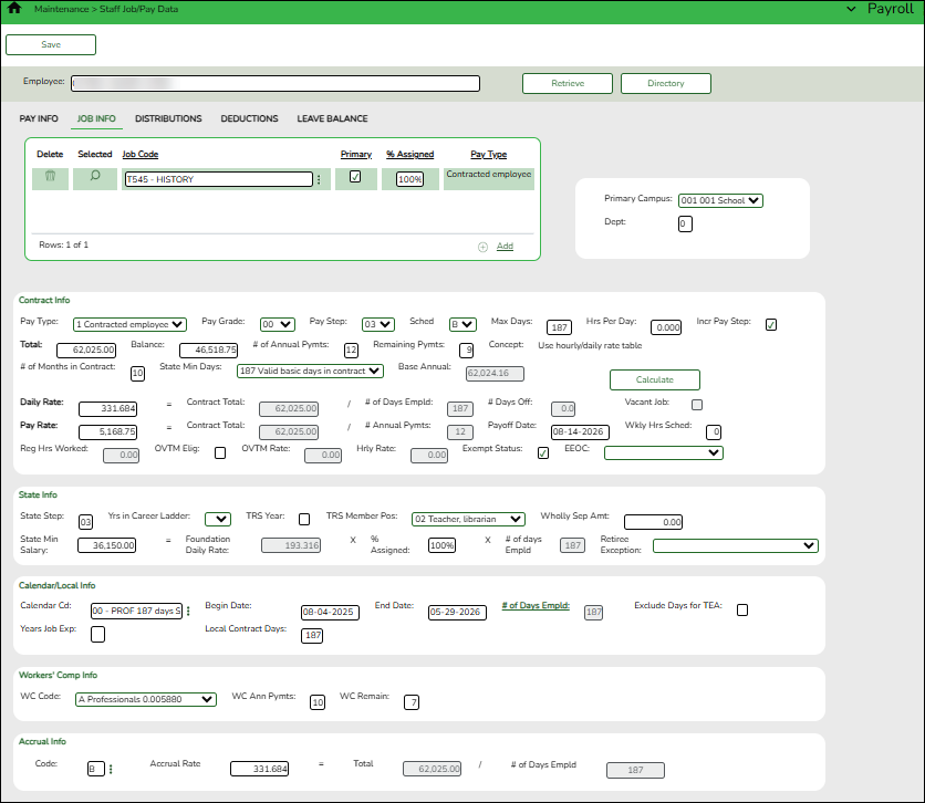 Job Info Tab Pay Type 1 Example